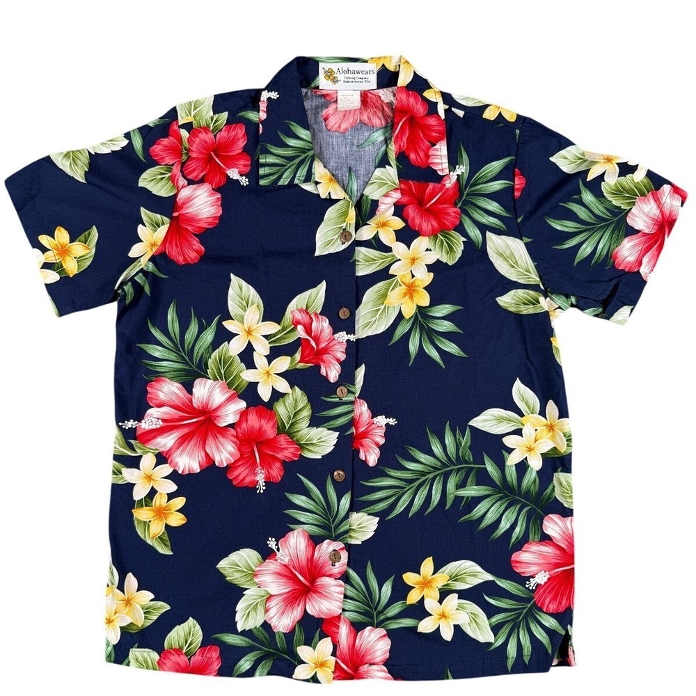 Alohawears Hawaiian Aloha Shirt Women's S Blue Floral Hibiscus Made Hawaii USA